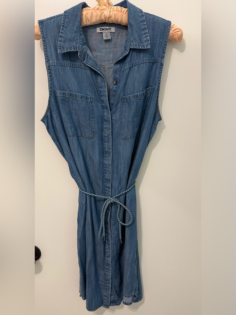 DKNY Blue Sleeveless Chambray Shirt Dress with Braided Tie